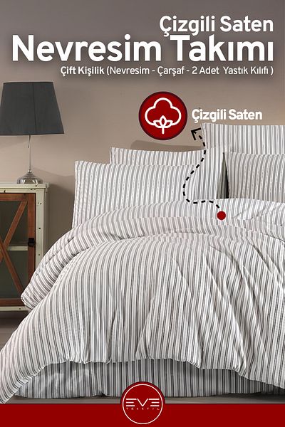 Eve Tekstil طقم غطاء لحاف فاخر مزدوج مخطط من الساتان مقاس 200 × 200 سم
