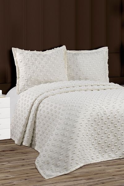 bursa çeyiz Best House Decor Pompom Delux Double Bedspread 240X 250 2 Pillows - Ecru -