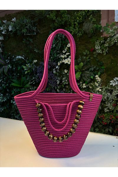 MaVaux Fiona Stylish Straw Shoulder Bag with Natural Wooden Bead Detail
