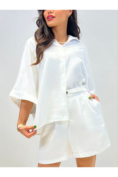 Stil Sepeti Women's White Linen Shirt Double Pleated Belt Mini Shorts Set Drl-1000741024
