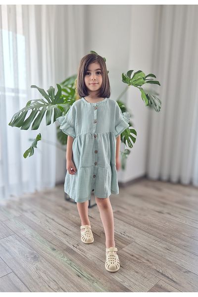 BALKABAĞI Natural Double Layer Muslin Girl's Summer Ruffle Sleeve Dress (Mtyk0062)