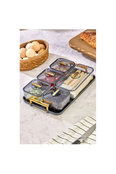 Leony 5 Compartment 11 Piece Breakfast Set with Gold Handle Tray / Storage Container Set