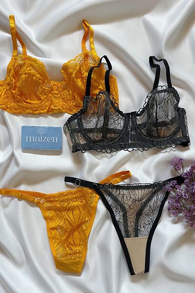 MAİZEN Set de sutien cu dantelă neagră portocalie din 2 piese Gatherer fără căptușeală