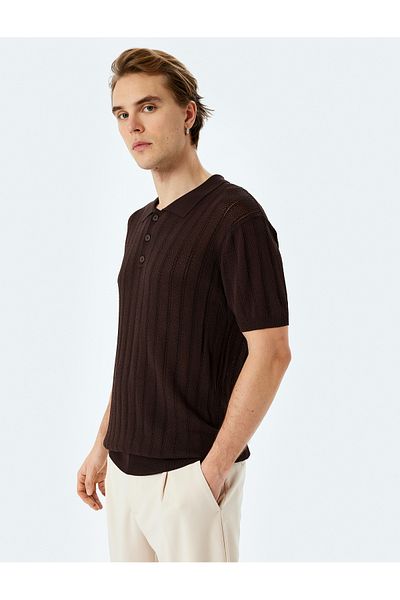 Koton New Season Polo Neck Button Detailed Viscose Blended Textured Short Sleeve Knitwear T-Shirt