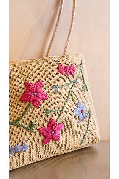 Boutiquehaki Cossy Çiçek Nakışlı Hasır Çanta