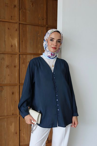 MOONSC Cămașă Hijab cu decolteu în V și detaliu cu nasturi în față Bleumarin