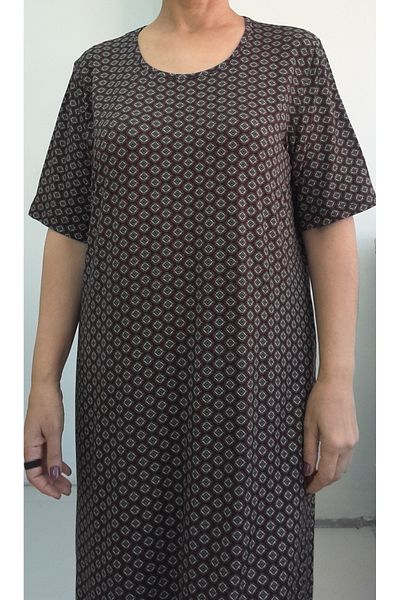 Mertcan Butik Καφέ μαύρο στάμπα κοντομάνικο φόρεμα βισκόζης από χτενισμένο βαμβάκι