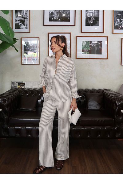 Lusin Women's Striped Linen Shirt Lined Pants Bottom Top Double Premium Set