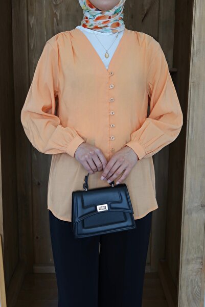 MOONSC Πουκάμισο με λαιμόκοψη V με λεπτομέρεια με κουμπί μπροστά πορτοκαλί