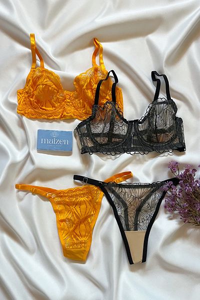 MAİZEN Set de sutien cu dantelă neagră portocalie din 2 piese Gatherer fără căptușeală