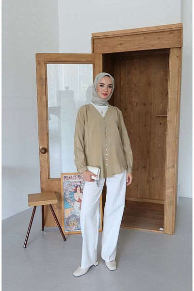 MOONSC Cămașă Hijab cu decolteu în V și detaliu cu nasturi în față, verde mucegai