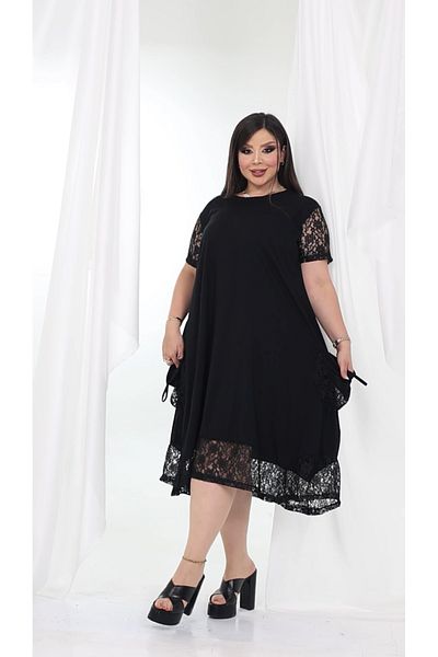 HÜLYA BUTİK Plus Size Women's Black Lace Pocket Dress
