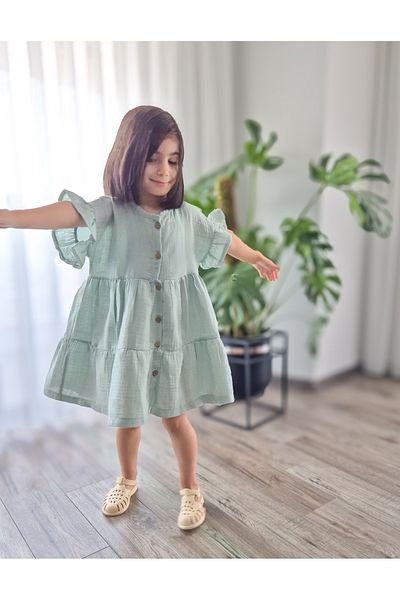 BALKABAĞI Natural Double Layer Muslin Girl's Summer Ruffle Sleeve Dress (Mtyk0062)