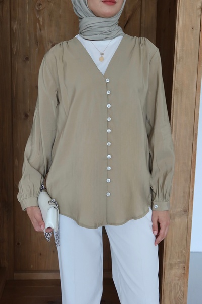 MOONSC Πουκάμισο με λαιμόκοψη V με λεπτομέρεια με κουμπιά μπροστά Πράσινο μούχλα