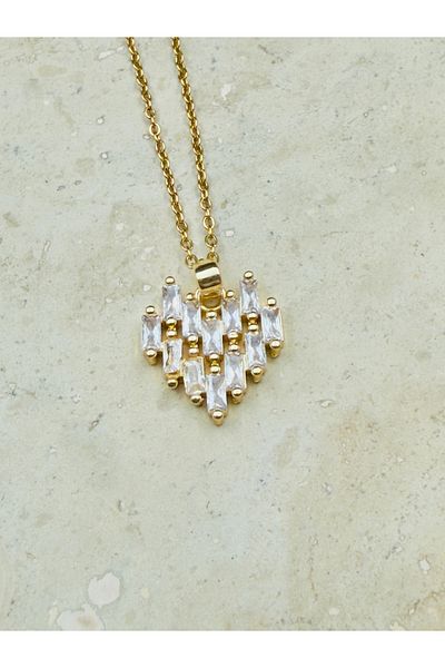 Snartun Zircon Stone Gold Heart Detailed Steel Necklace I Special Boxed
