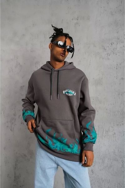 Silerra    Men's Three Thread Cotton Flame Printed Hooded Sweatshirt - Gray