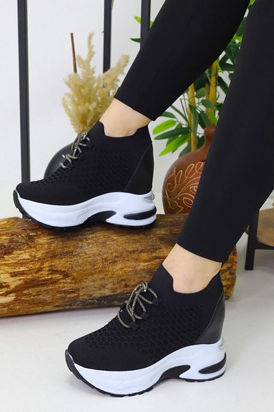 Weynes Women's Black White Knitwear Lace-Up 10 cm Hidden Heel Sports Shoes Wsb4086