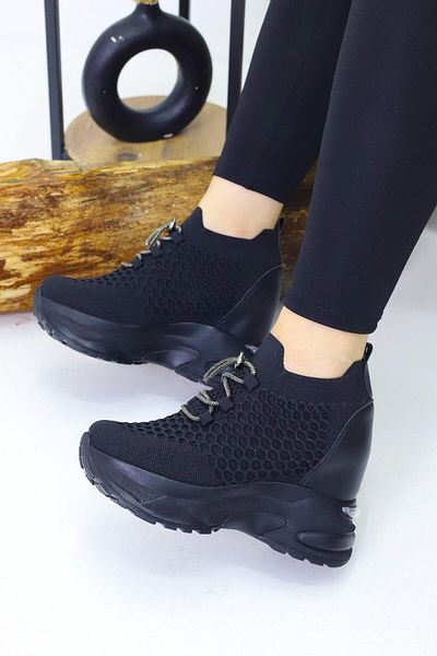 Weynes Women's Plain Black Knitwear Lace-Up 10 cm Hidden Heel Sports Shoes Wsb4086