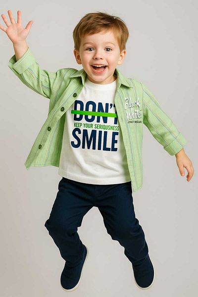 GAMZEAKKUŞ Long Sleeve Stripe Pattern Shirt, Printed T-Shirt and Pants 3-Piece Boy's Set