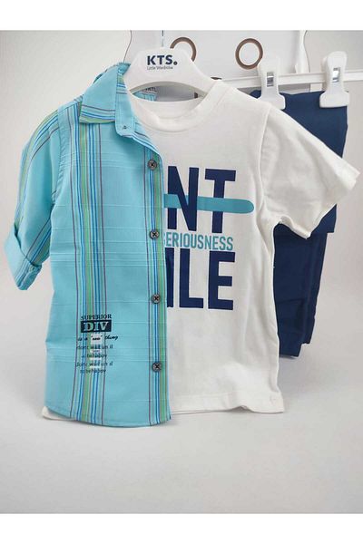 GAMZEAKKUŞ Long Sleeve Stripe Pattern Shirt, Printed T-Shirt and Pants 3-Piece Boy's Set