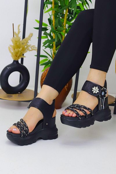 OBAY LİFE Women's Plain Black Braided 10 cm Hidden Heel Sandals Nbr3076
