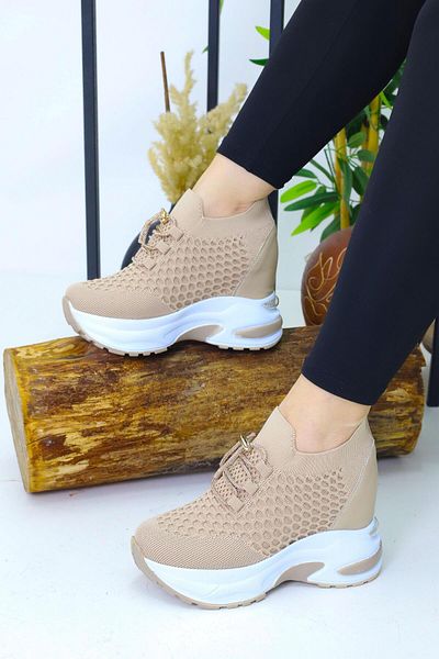 Weynes Women's Cream Knitwear Lace-Up 10 cm Hidden Heel Sports Shoes Wsb4086