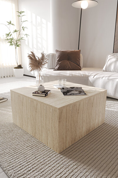 OBİ Atölye BLOK Orta Sehpa 72x72 cm İskandinav Stili Küp Sehpa - Traverten Desenli