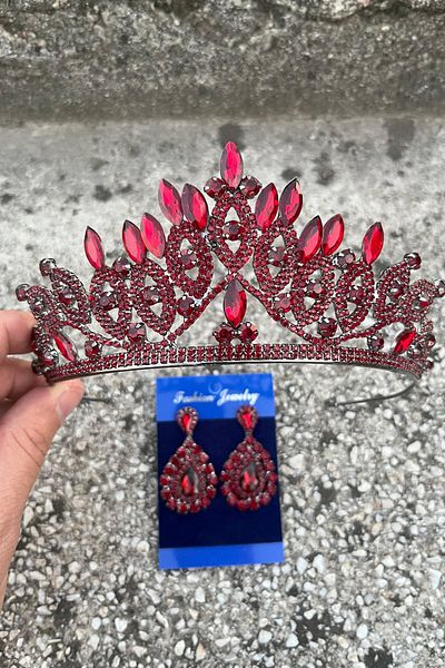 Hobigram Grace Burgundy Bridal Crown and Drop Shuttle Earring Set – Wedding Evening Dress Accessory with Stones