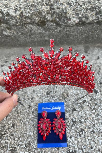 Hobigram Daisy Red Crown and Thin Shuttle Earrings Set – Sparkling Evening Dress Bridal Set