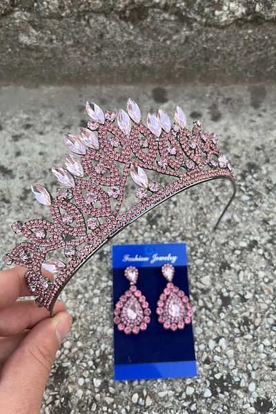 Hobigram Grace Pink Bridal Crown and Drop Shuttle Earrings Set – Wedding Evening Dress Accessory with Stones