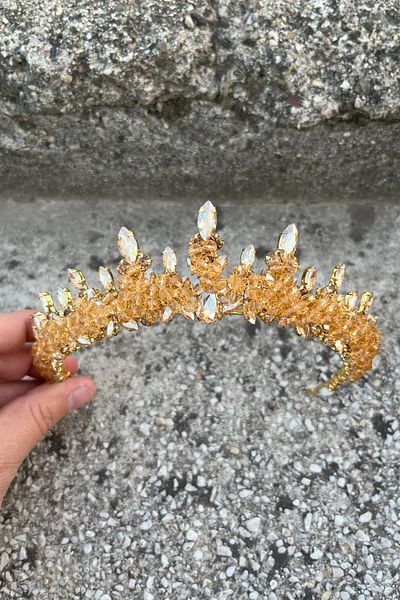 Hobigram Thalia Model Gold Crown – Bridal Henna Wedding Evening Dress with Stones for a Showy Hair Crown