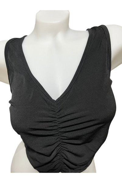 FEMMEA Black Tie Collar Crop Bluz