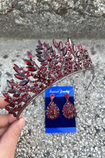 Hobigram Madeline Bridal Set – Burgundy Crown and Drop Shuttle Earrings Set, Henna Wedding Accessory