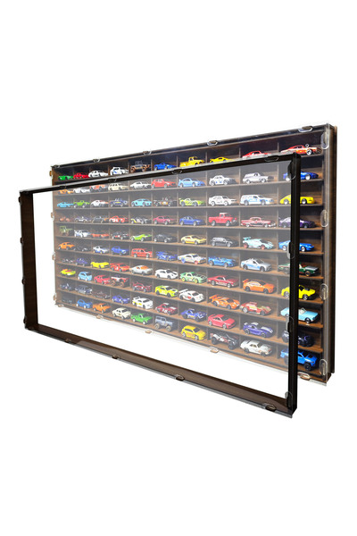 Woodbu Şeffaf Kapaklı Ceviz 100 Araçlık Yatay Hobi Araba Rafı