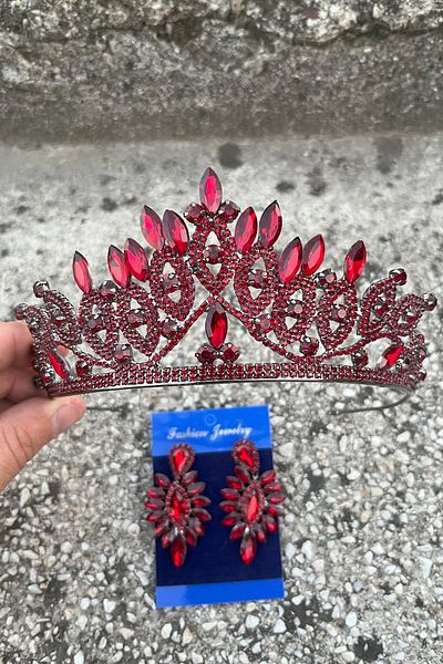 Hobigram Grace Burgundy Bridal Tiara and Thin Shuttle Earrings Set – Wedding Evening Dress Accessory with Stones