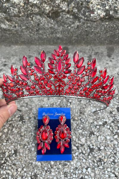 Hobigram Madeline Bridal Set – Red Crown and Three Shuttle Earrings Set, Henna Wedding Accessory