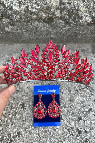 Hobigram Madeline Bridal Set – Red Crown and Drop Shuttle Earrings Set, Henna Wedding Accessory