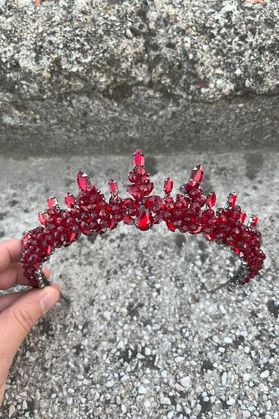 Hobigram Thalia Model Burgundy Crown – Showy Hair Crown with Stones for Bridal Henna Wedding Evening Dress