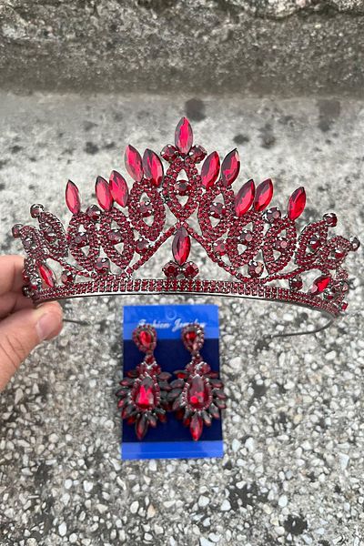 Hobigram Grace Burgundy Bridal Crown and Wide Shuttle Earrings Set – Wedding Evening Dress Accessory with Stones