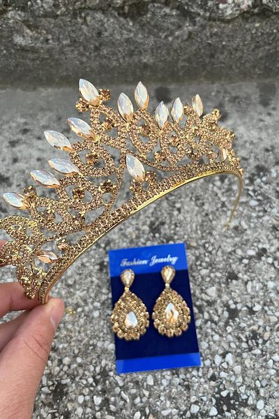 Hobigram Grace Gold Bridal Crown and Drop Shuttle Earring Set – Wedding Evening Dress Accessory with Stones