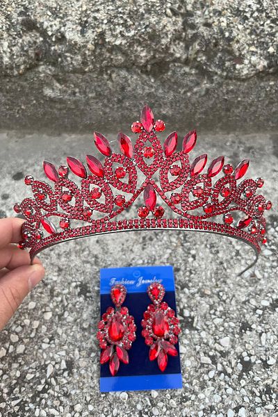 Hobigram Grace Red Bridal Crown and Three Shuttle Earrings Set – Wedding Evening Dress Accessory with Stones