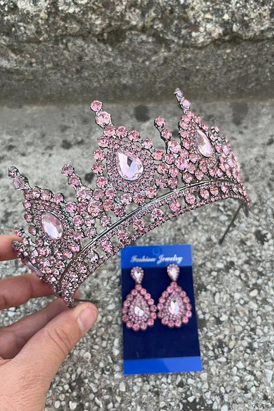 Hobigram Eveline Pink Crown Drop Shuttle Earring Set – Henna Engagement Wedding Evening Dress Accessory Set