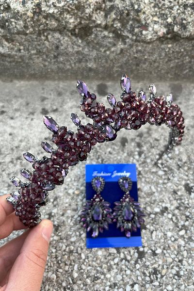 Hobigram Thalia Crown Wide Shuttle Earring Set Purple – Sparkling Evening Dress Accessory with Stones for Bridal Henna Wedding