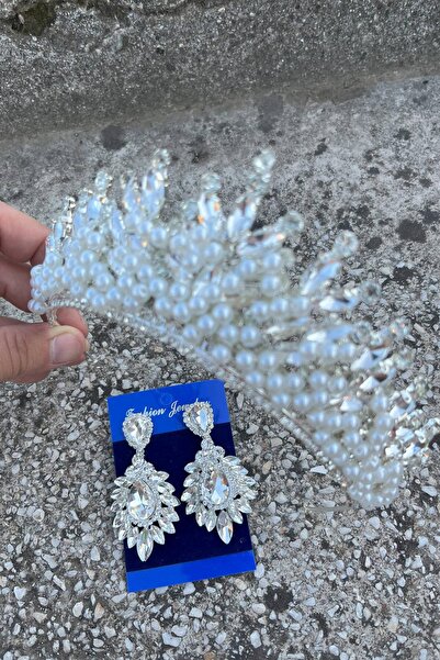 Hobigram Daisy Cream Pearl Crown and Wide Shuttle Earrings Set – Sparkling Evening Dress Bridal Set