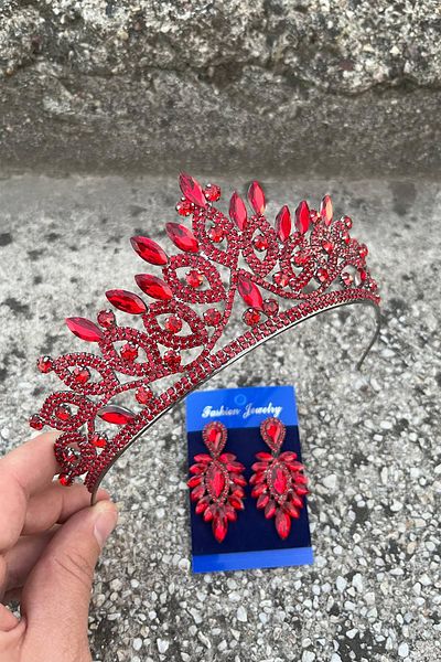 Hobigram Grace Red Bridal Crown and Thin Shuttle Earrings Set – Wedding Evening Dress Accessory with Stones
