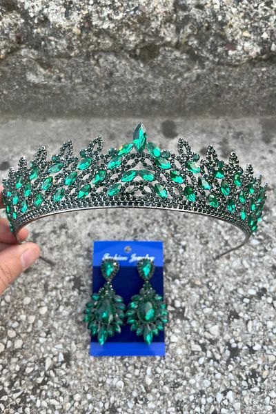 Hobigram Amara Green Crown and Wide Shuttle Earrings Set – Sparkling Evening Dress Bridal Set