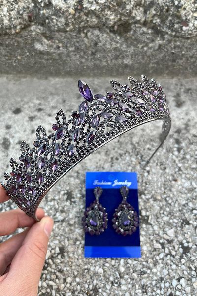 Hobigram Amara Purple Crown and Drop Shuttle Earring Set – Sparkling Evening Dress Bridal Set