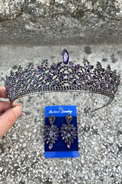 Hobigram Amara Purple Crown and Thin Shuttle Earrings Set – Sparkling Evening Dress Bridal Set
