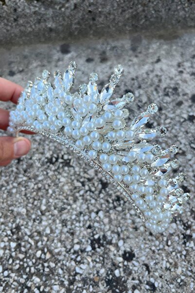 Hobigram Daisy Stone Bridal Tiara – Henna Wedding Crown Model with Cream Pearls, Shiny Hair Accessory