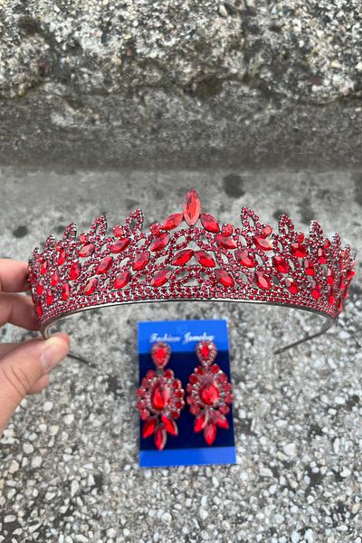 Hobigram Amara Red Crown and Three Shuttle Earrings Set – Sparkling Evening Dress Bridal Set